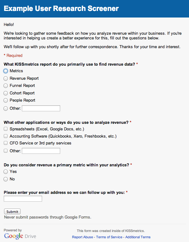 google forms screener questions